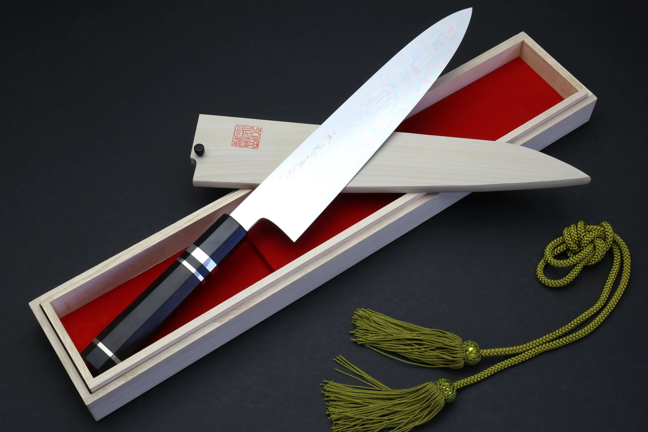 Yoshihiro Mizu Yaki Honyaki Blue Steel #2 Mirror Polished Wa Gyuto Japanese Chef Knife Triple Nickel Silver Ring Ebony Handle - Image 11
