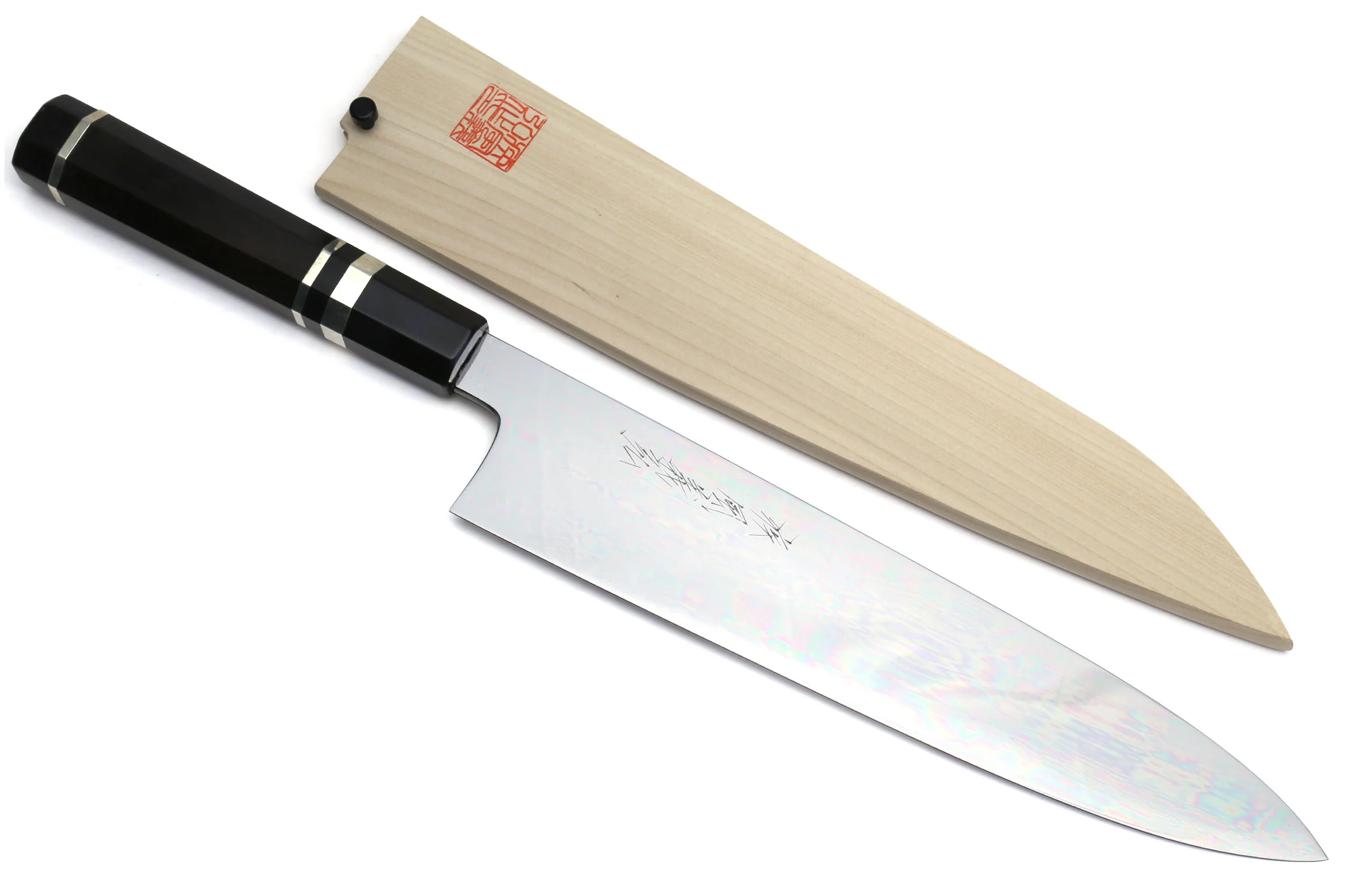 Yoshihiro Mizu Yaki Honyaki Blue Steel #2 Mirror Polished Wa Gyuto Japanese Chef Knife Triple Nickel Silver Ring Ebony Handle - Image 12