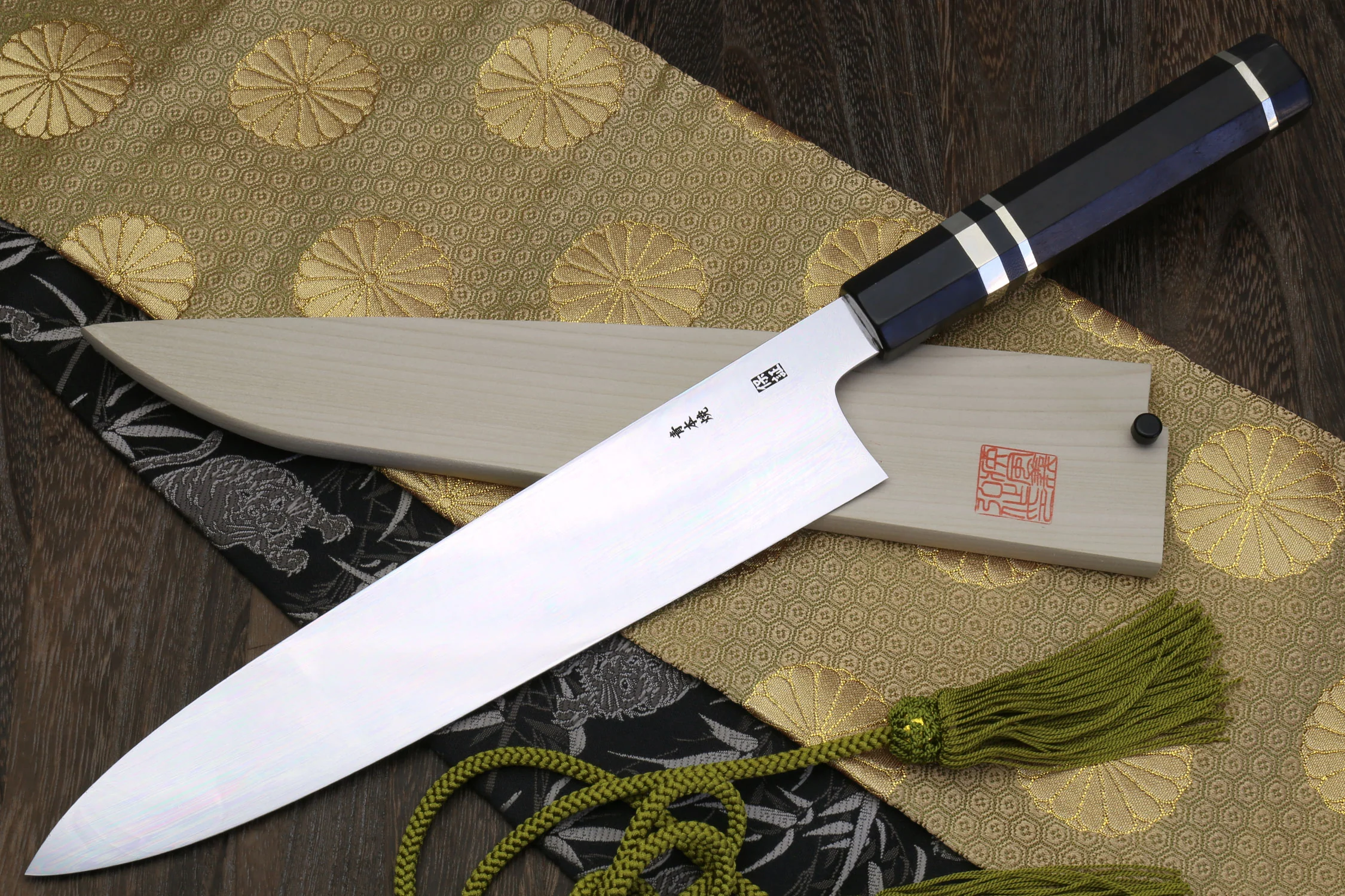 Yoshihiro Mizu Yaki Honyaki Blue Steel #2 Mirror Polished Wa Gyuto Japanese Chef Knife Triple Nickel Silver Ring Ebony Handle - Image 3