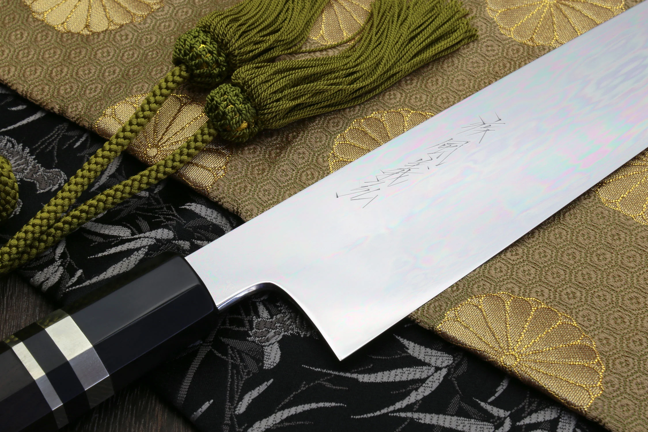 Yoshihiro Mizu Yaki Honyaki Blue Steel #2 Mirror Polished Wa Gyuto Japanese Chef Knife Triple Nickel Silver Ring Ebony Handle - Image 4