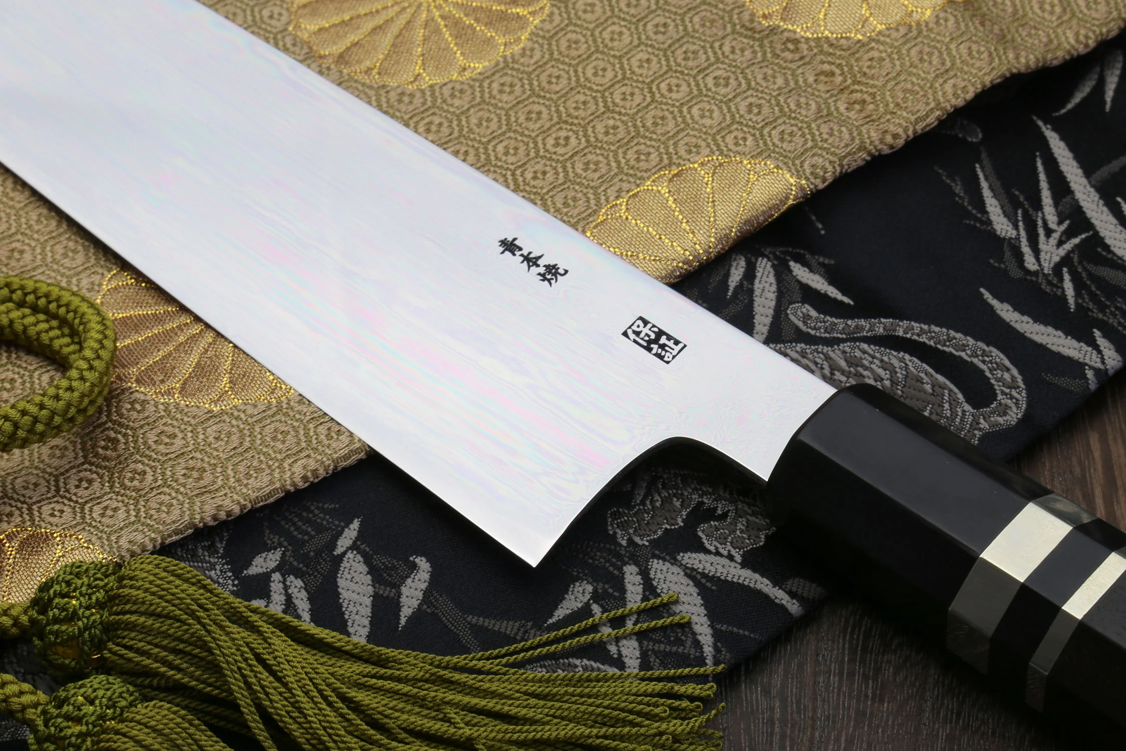 Yoshihiro Mizu Yaki Honyaki Blue Steel #2 Mirror Polished Wa Gyuto Japanese Chef Knife Triple Nickel Silver Ring Ebony Handle - Image 5
