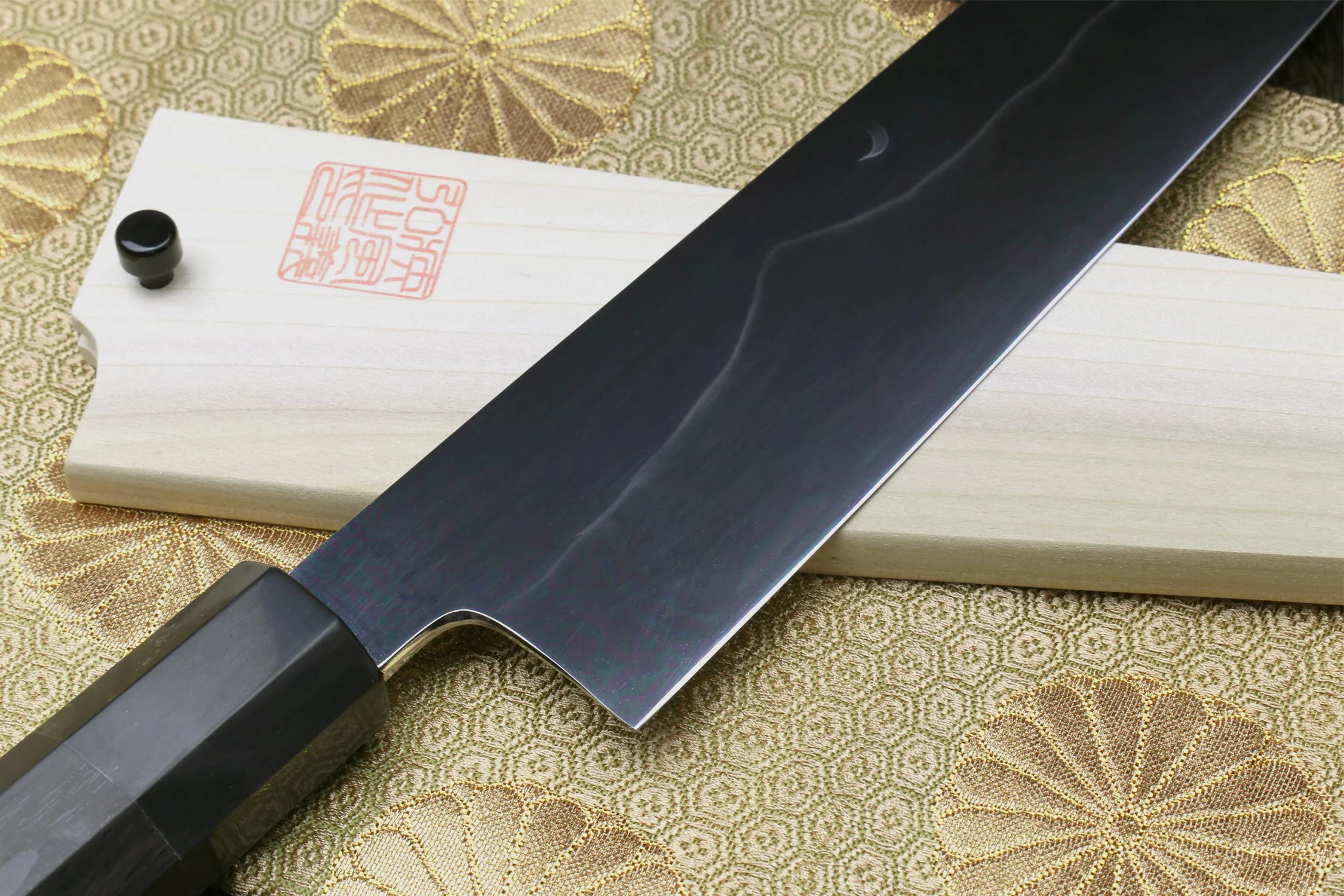 Yoshihiro Mizu Yaki White Steel #1 Honyaki Mirror-Finished Mt. Fuji with Crescent Moon Gyuto Chefs Knife with Ebony Handle - Image 4