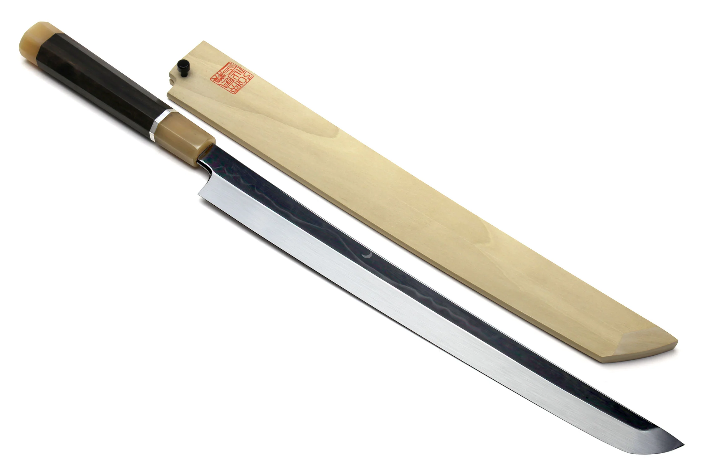 Yoshihiro Mizu Yaki Honyaki Mirror Finished Mt.Fuji with Crescent Moon Sakimaru Takobiki Premium Silver Ring Ebony Handle - Image 12
