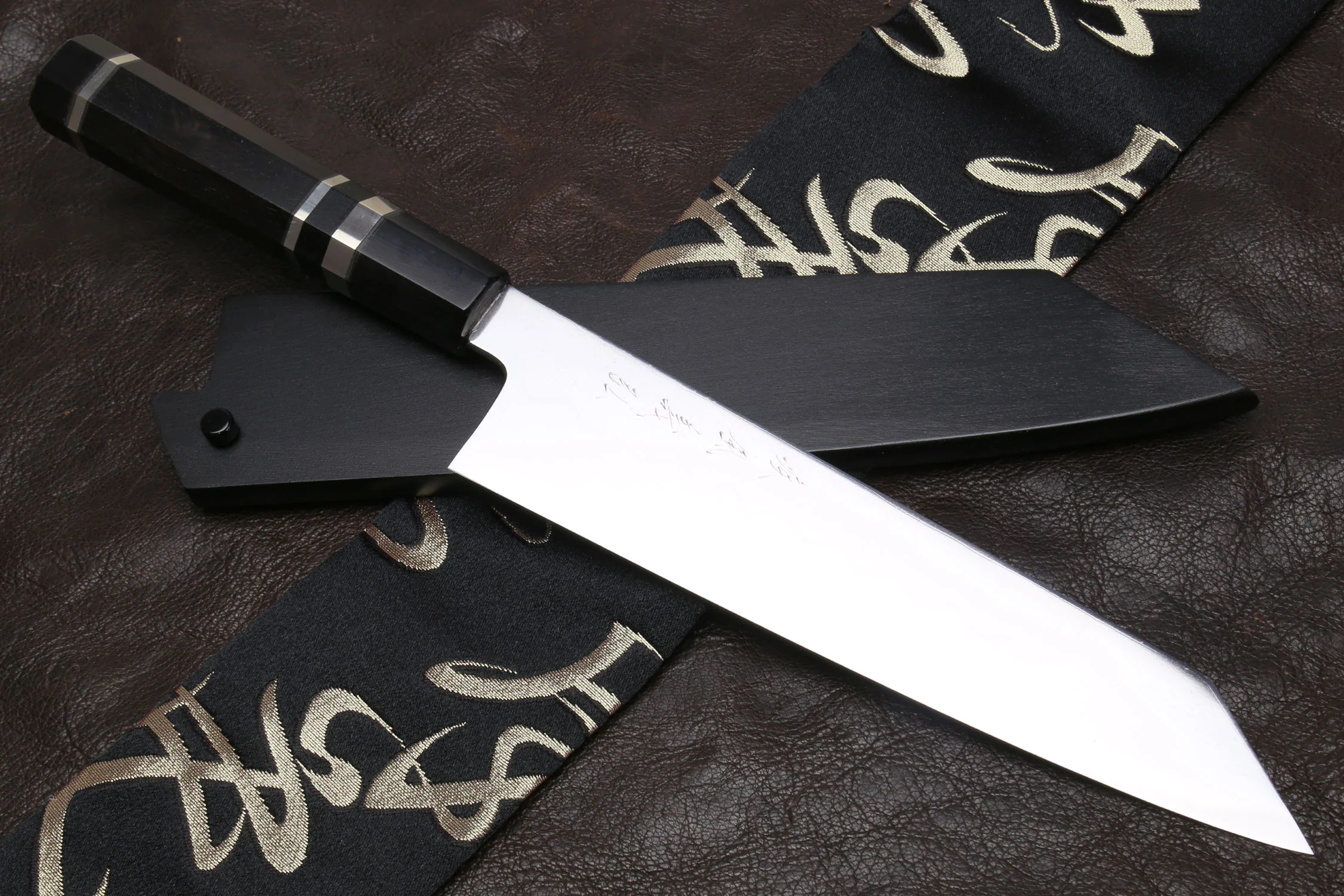 Yoshihiro Mizu Yaki Honyaki Shiroko White Steel #2 Mirror Polished Kiritsuke Japanese Multipurpose Knife with Triple Nickel Silver Ring Ebony Handle  240mm (9.5") - Image 8
