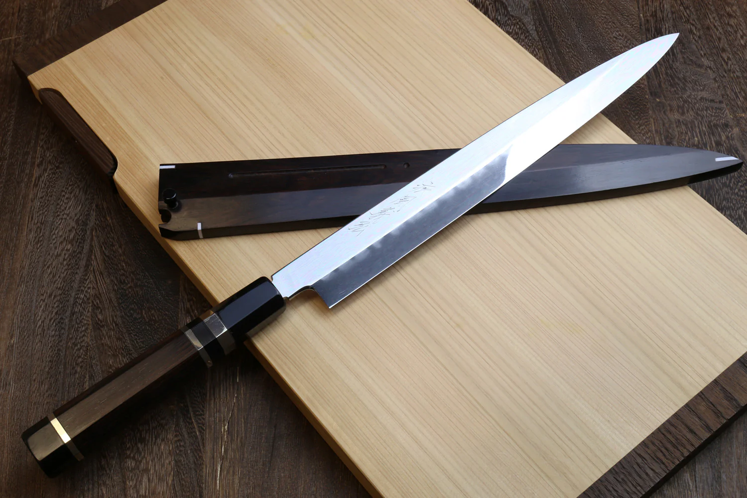 Yoshihiro Mizu Honyaki White Steel #1 Two Sided Mirror-Finished Namiukashi Yanagi Premium Triple Nickel Silver Ring Ebony Handle - IKEDA UNKAI Limited Edition - Image 9