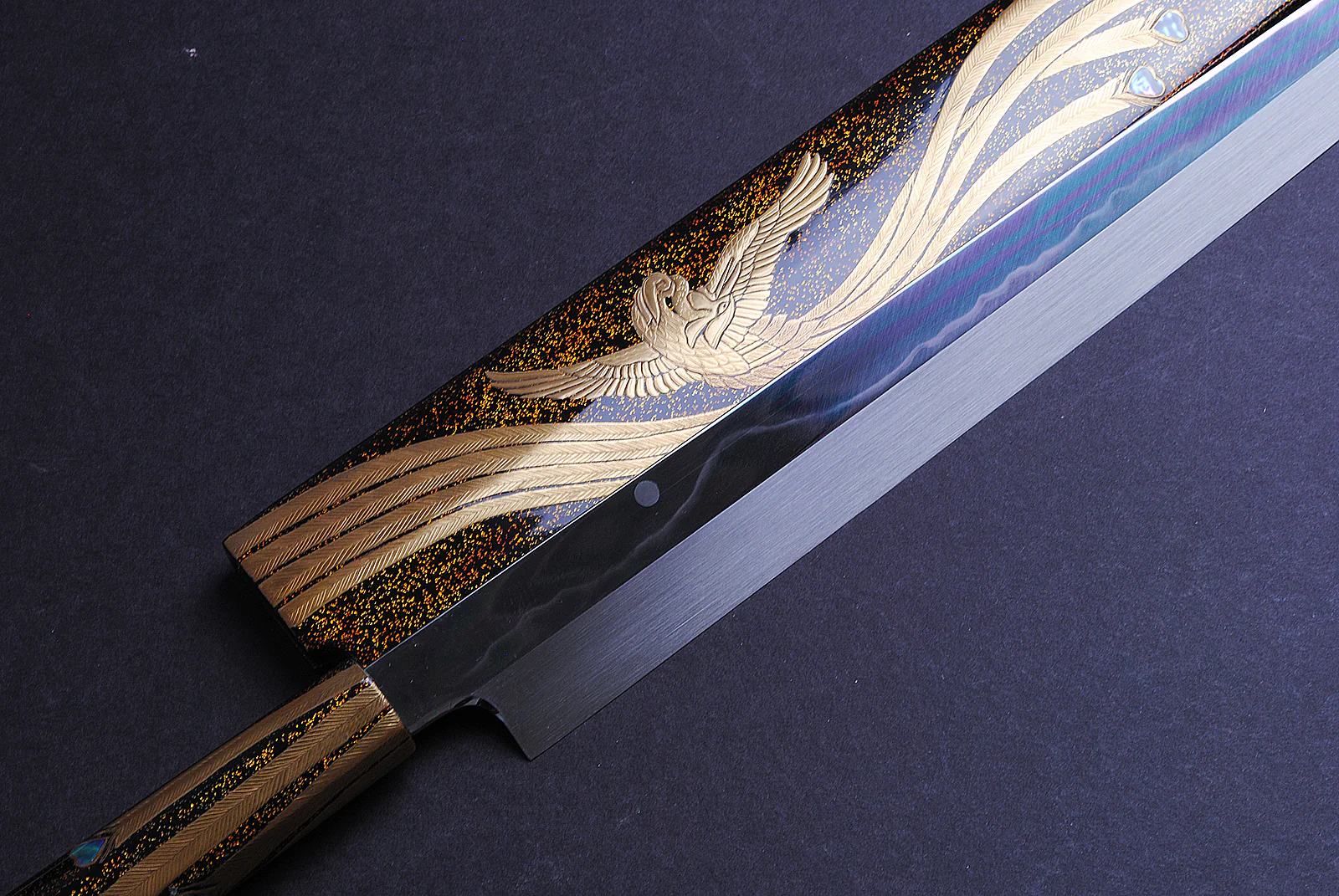 Yoshihiro Mizuyaki Honyaki Mirror Finished Mt.Fuji with Full Moon Yanagi Kiritsuke 24k Gold Phoenix Maki-Urushi Lacquered Rosewood Handle and Saya - Image 5