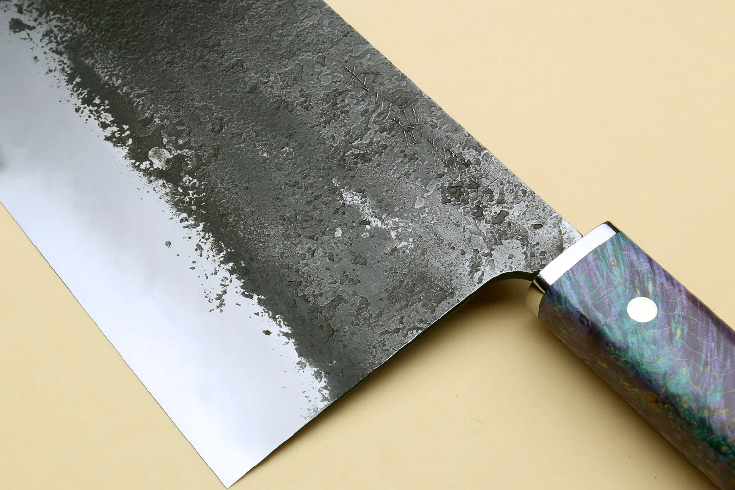 Yoshihiro Nashiji High Carbon Blue Steel #2 Chinese-Style Cleaver Vegetable Knife with Stabilized Maple Burl Handle (Mazaki Special Edition: TYPE B) - Image 5