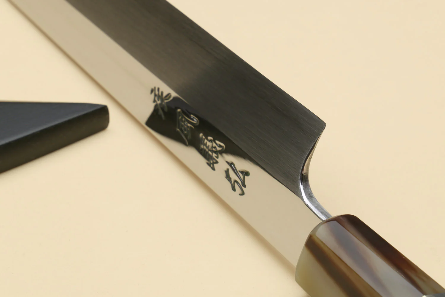 Yoshihiro SG-2 (R-2) Semi-Stainless Steel Mirror Polished Yanagi Kiritsuke Sashimi Knife, Triple Ring Ebony Handle - Image 7