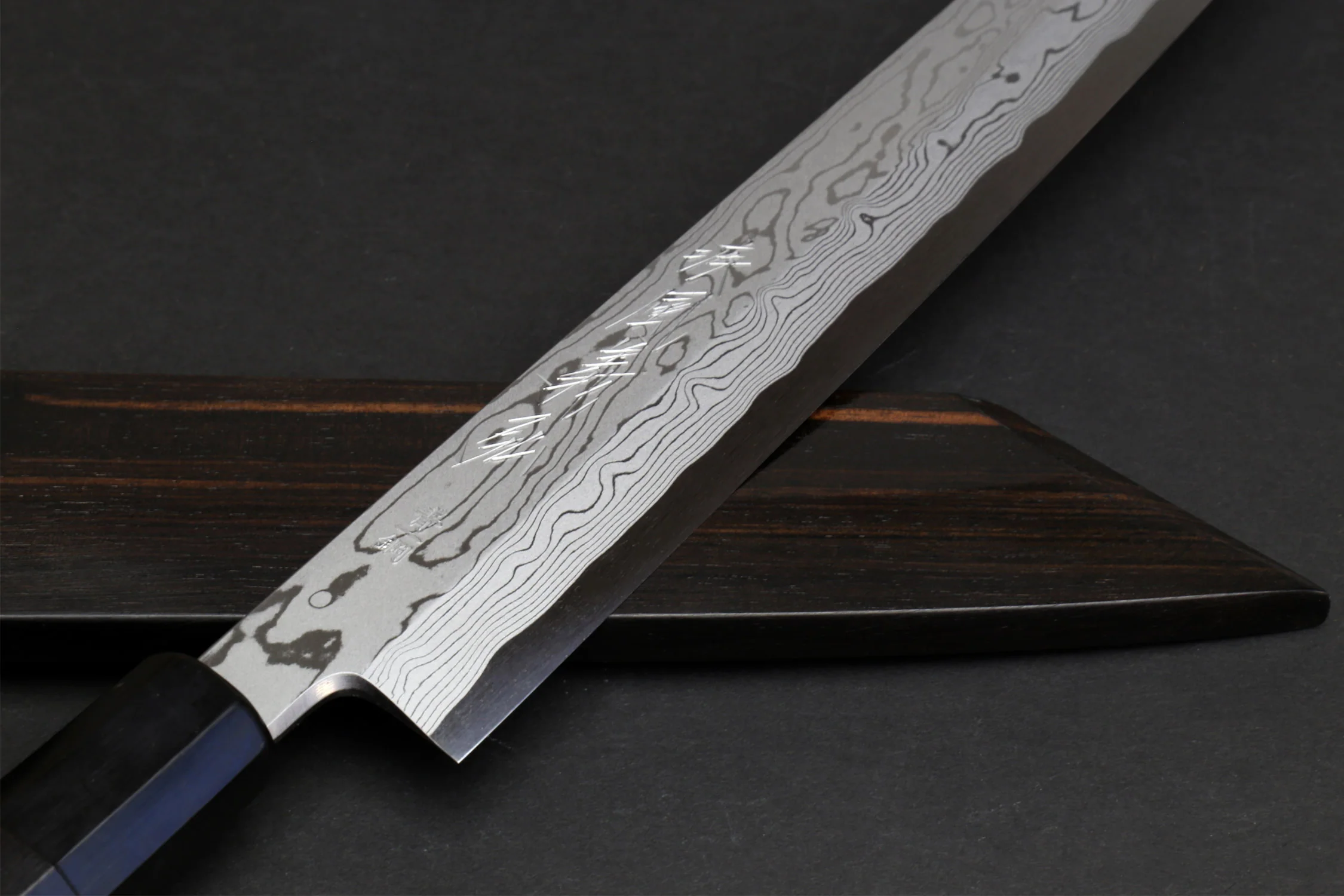 Yoshihiro Suminagashi Blue Steel #1 Yanagi Kiritsuke Sushi Sashimi Japanese Knife Ebony Handle with Ebony Saya - Image 6
