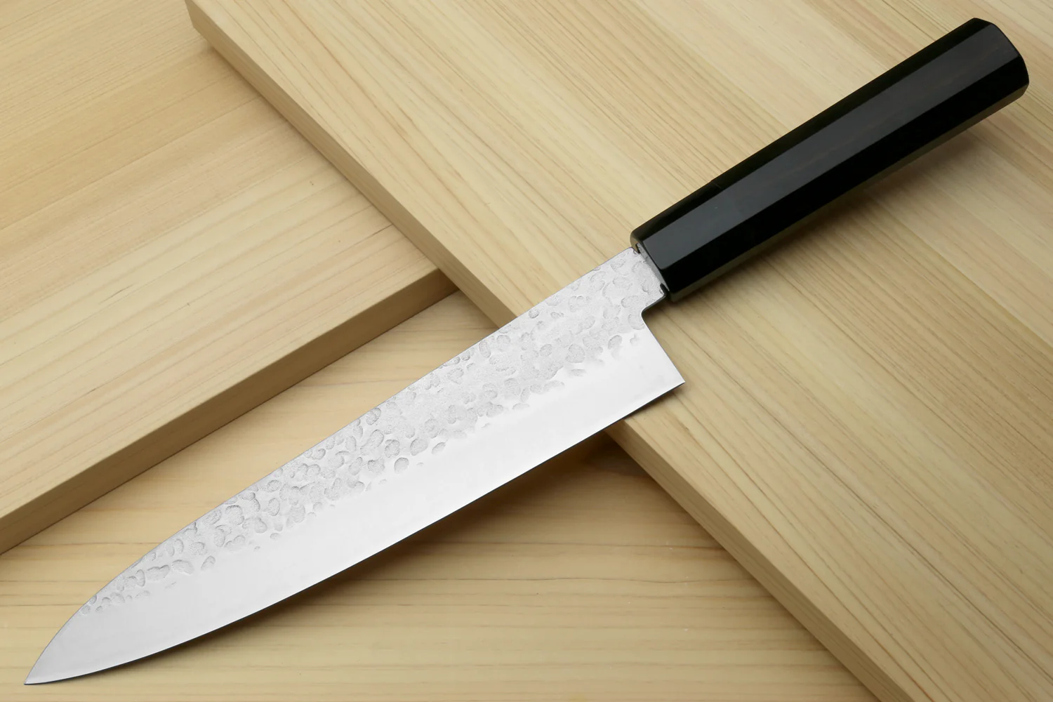 Yoshihiro Super Blue Steel Stainless Clad Hammered Gyuto Chefs Knife Ebony Handle (Blade Length 9.5" (240mm)) - Image 3