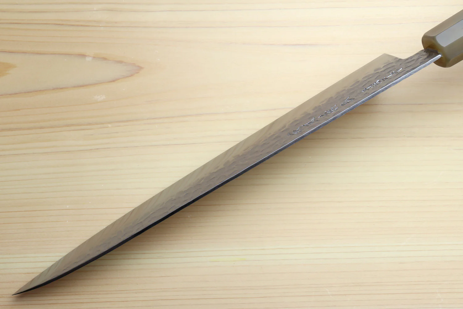 Yoshihiro Super Blue Steel Stainless Clad Hammered Gyuto Chefs Knife Stabilized Maple Burl Handle - Image 6