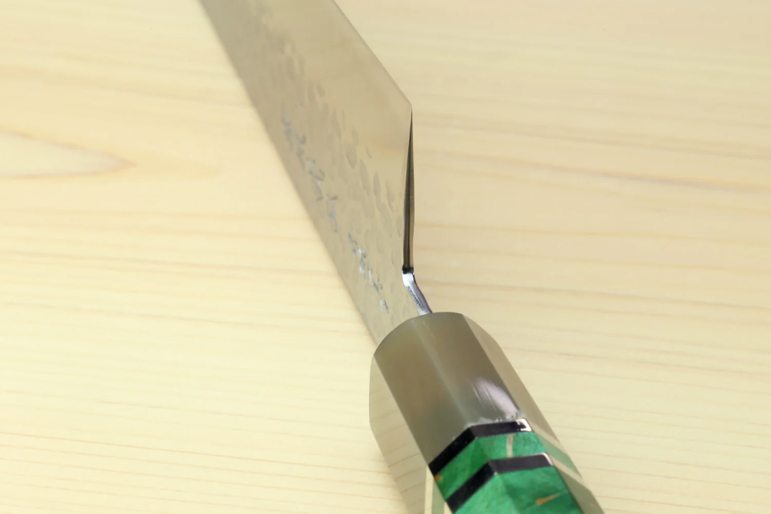 Yoshihiro Super Blue Steel Stainless Clad Hammered Gyuto Chefs Knife Stabilized Maple Burl Handle - Image 7