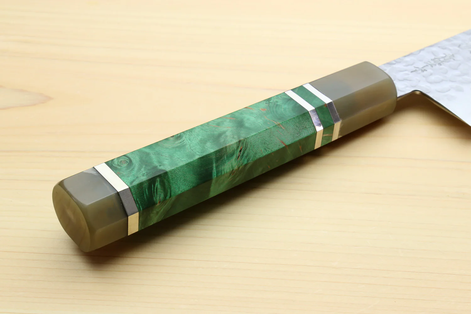 Yoshihiro Super Blue Steel Stainless Clad Hammered Gyuto Chefs Knife Stabilized Maple Burl Handle - Image 8