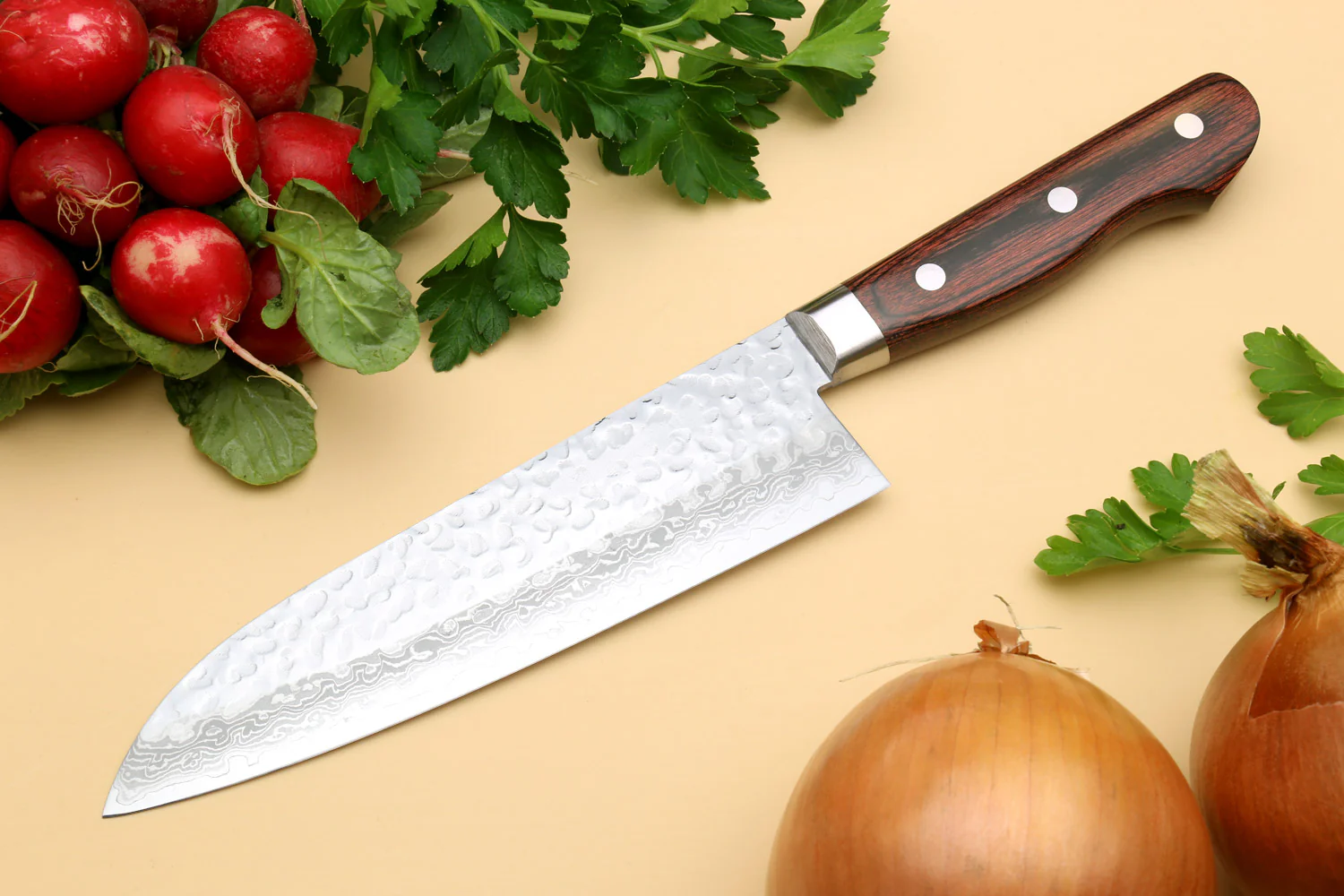 Yoshihiro VG-10 16 Layer Hammered Damascus Stainless Steel Santoku Chef knife - Image 3