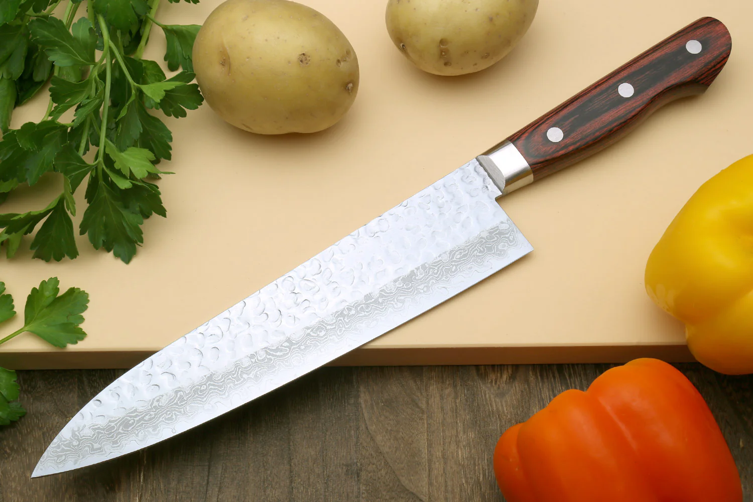 Yoshihiro VG-10 16 Layer Hammered Damascus Stainless Steel Gyuto Chefs Knife 9.5" (240mm) - Image 3