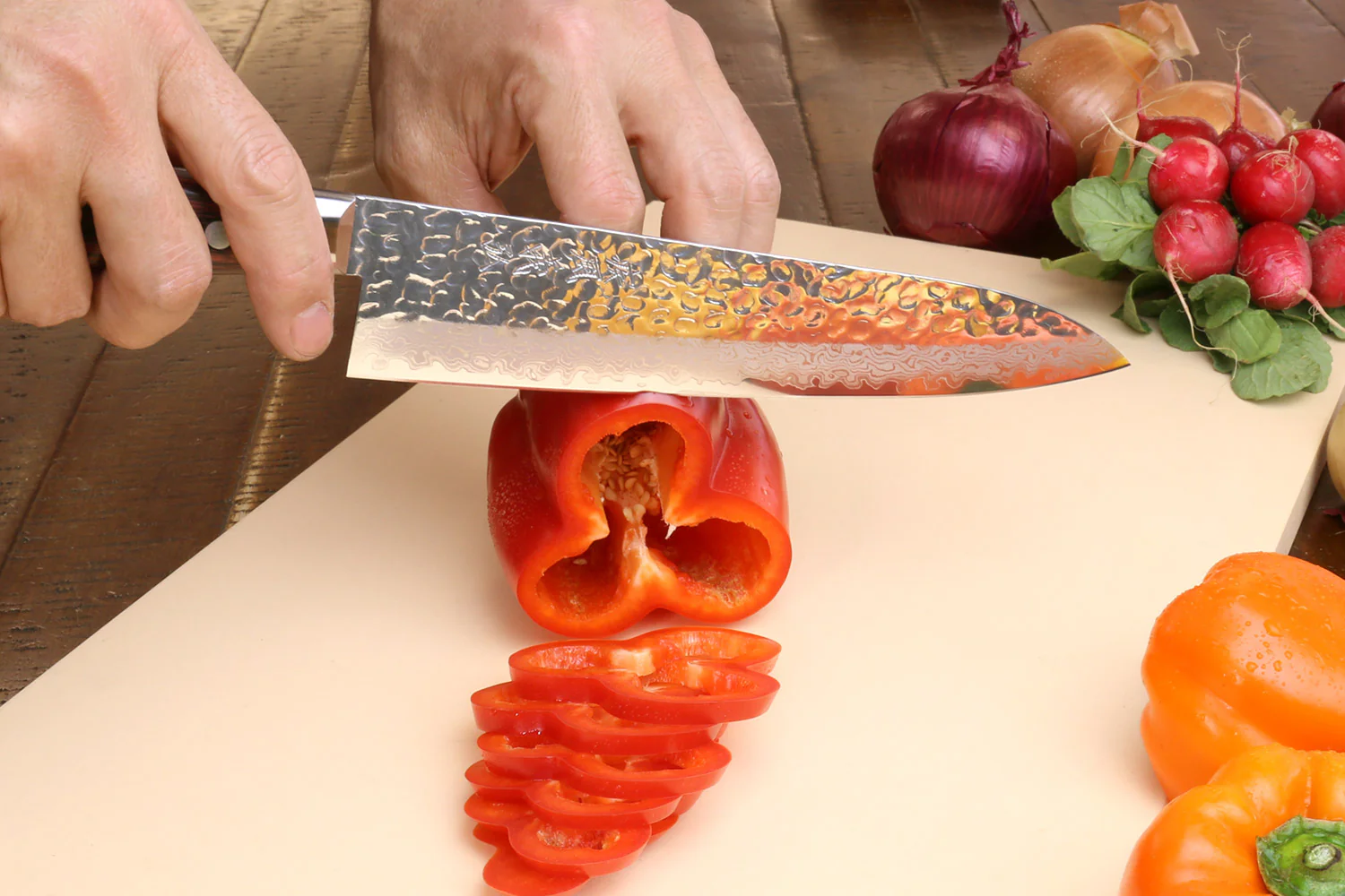 Yoshihiro VG-10 16 Layer Hammered Damascus Stainless Steel Santoku and Petty Knife Set - Image 3
