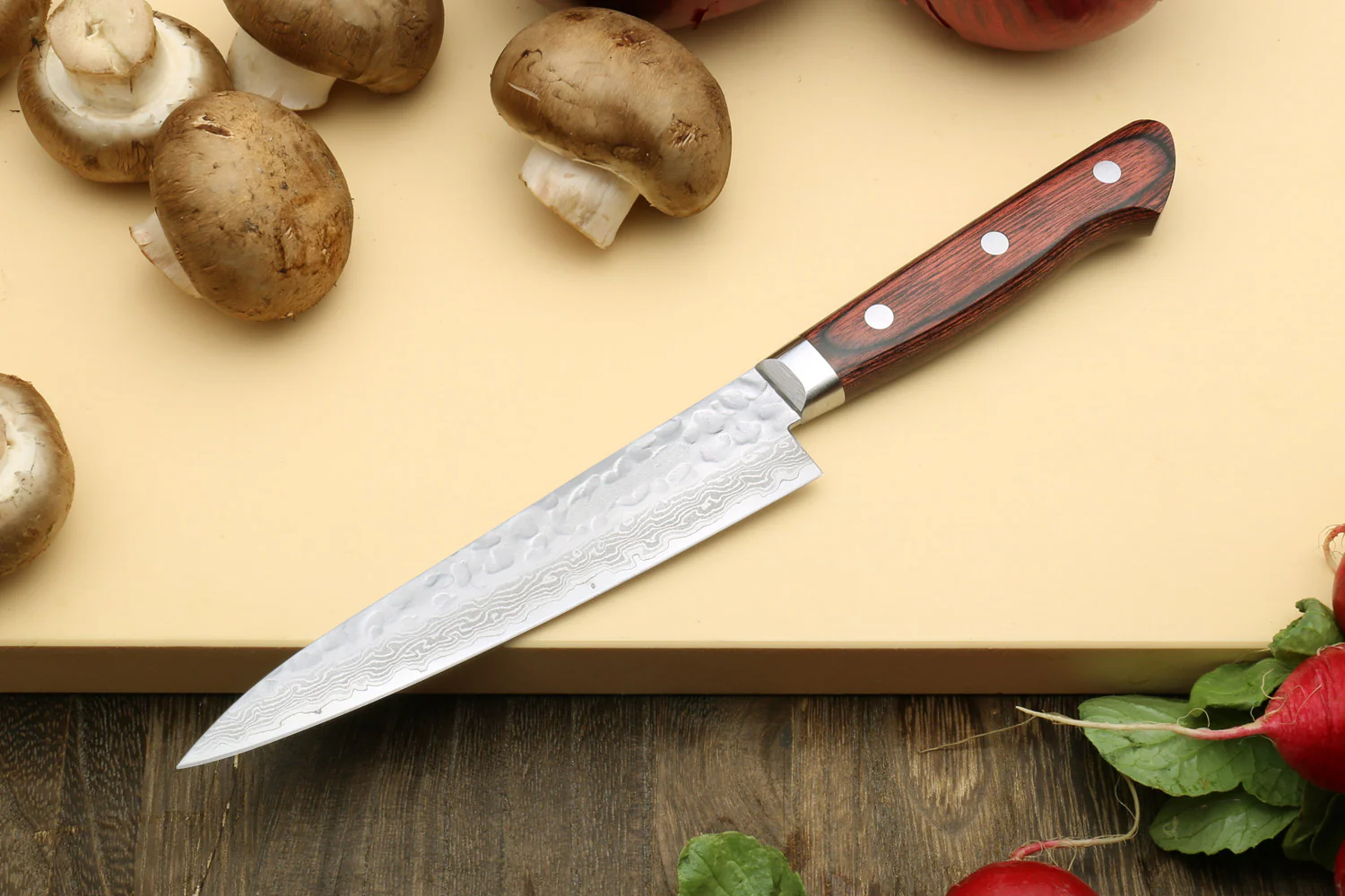 Yoshihiro VG-10 16 Layer Hammered Damascus Stainless Steel Santoku and Petty Knife Set - Image 7