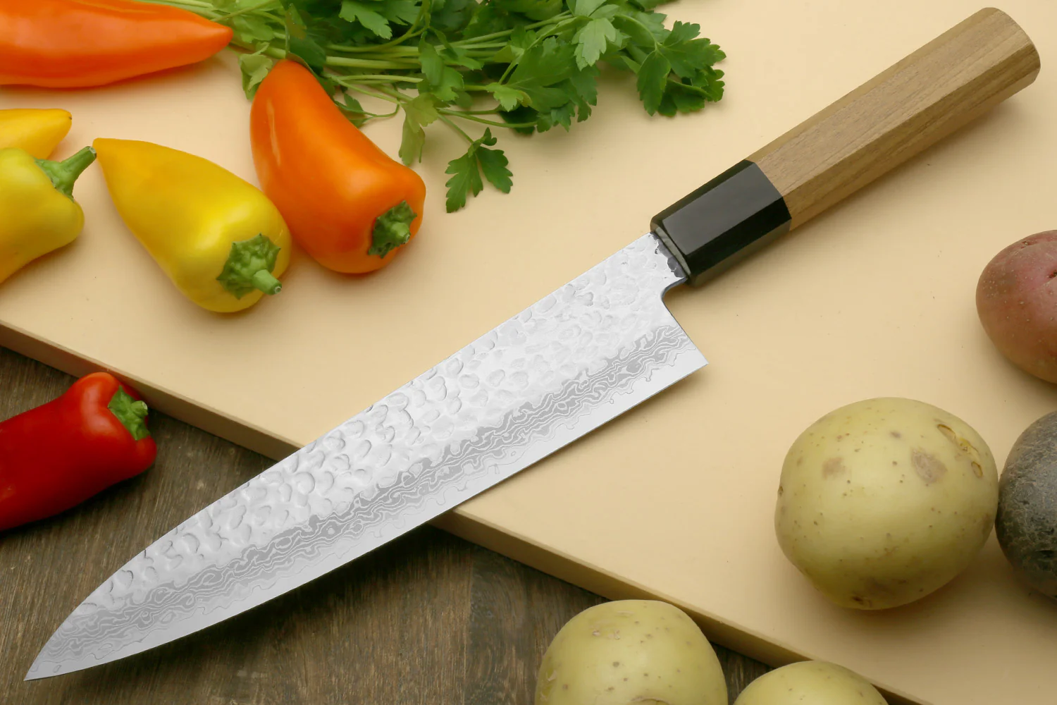 Yoshihiro VG-10 46 Layers Hammered Damascus Gyuto Japanese Chefs Knife (Octagonal Ambrosia Handle) - Image 3