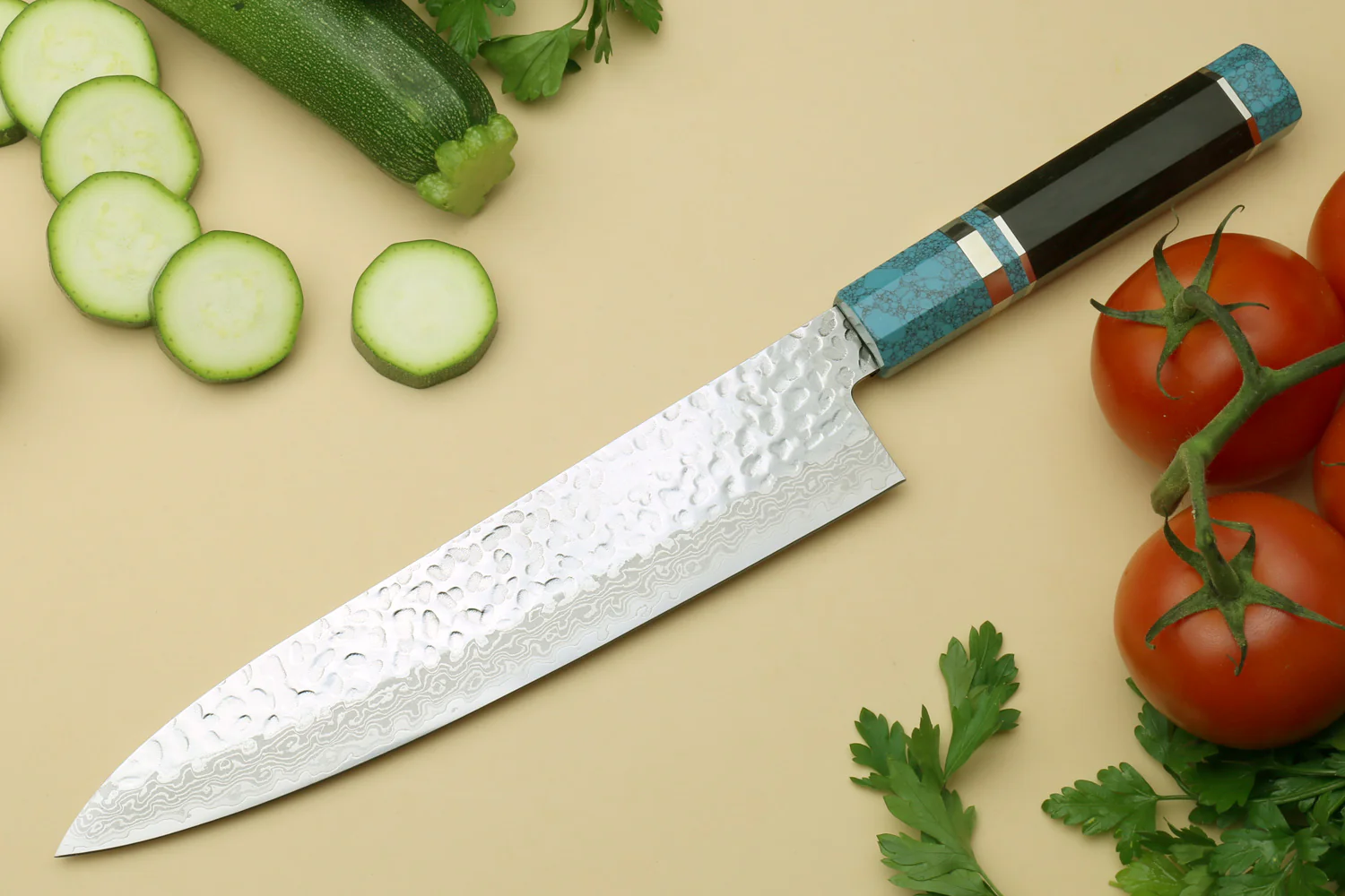 Yoshihiro VG-10 46 Layers Hammered Damascus Gyuto Japanese Chefs Knife Octagonal Turquoise Blue Handle - Image 3