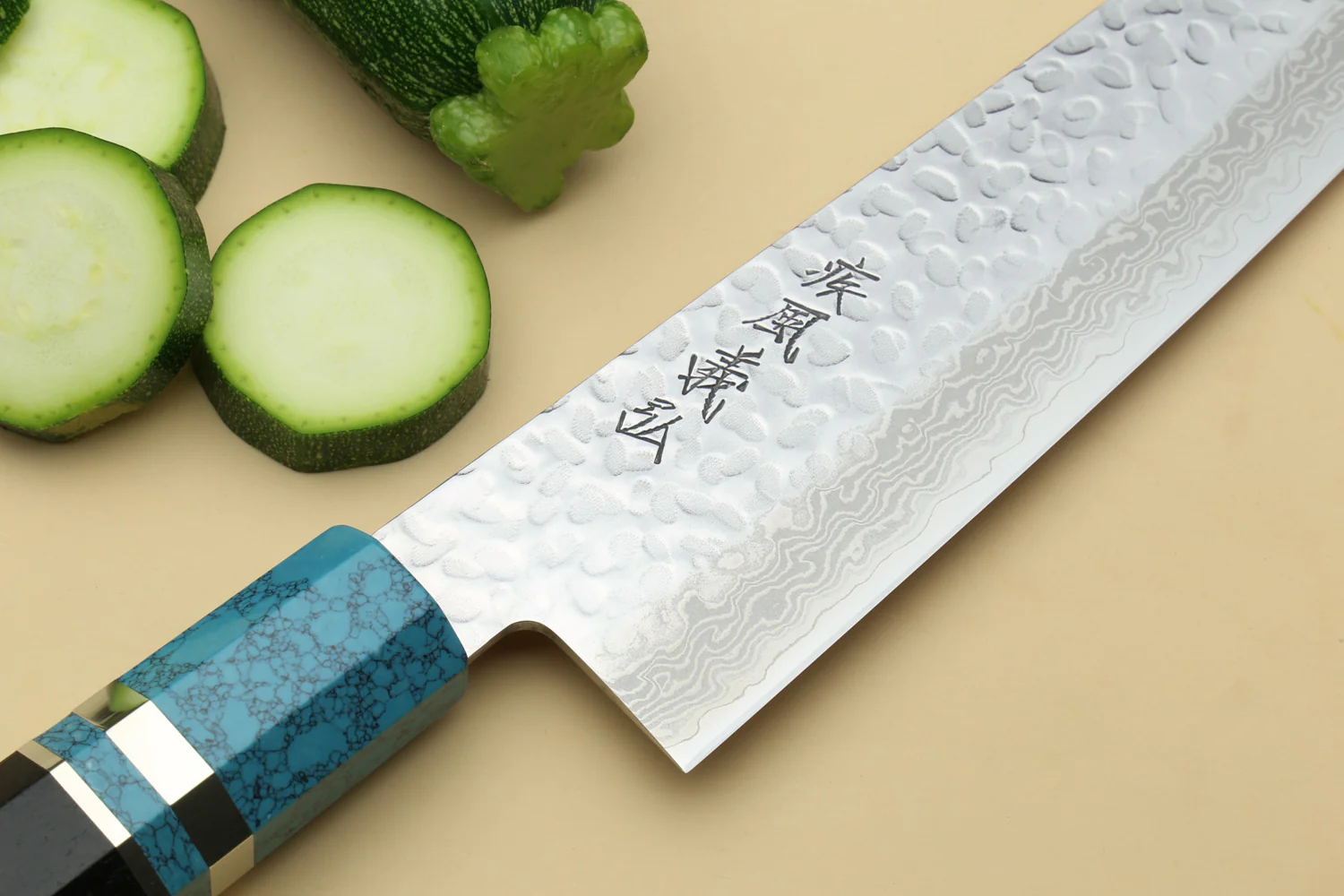 Yoshihiro VG-10 46 Layers Hammered Damascus Gyuto Japanese Chefs Knife Octagonal Turquoise Blue Handle - Image 4