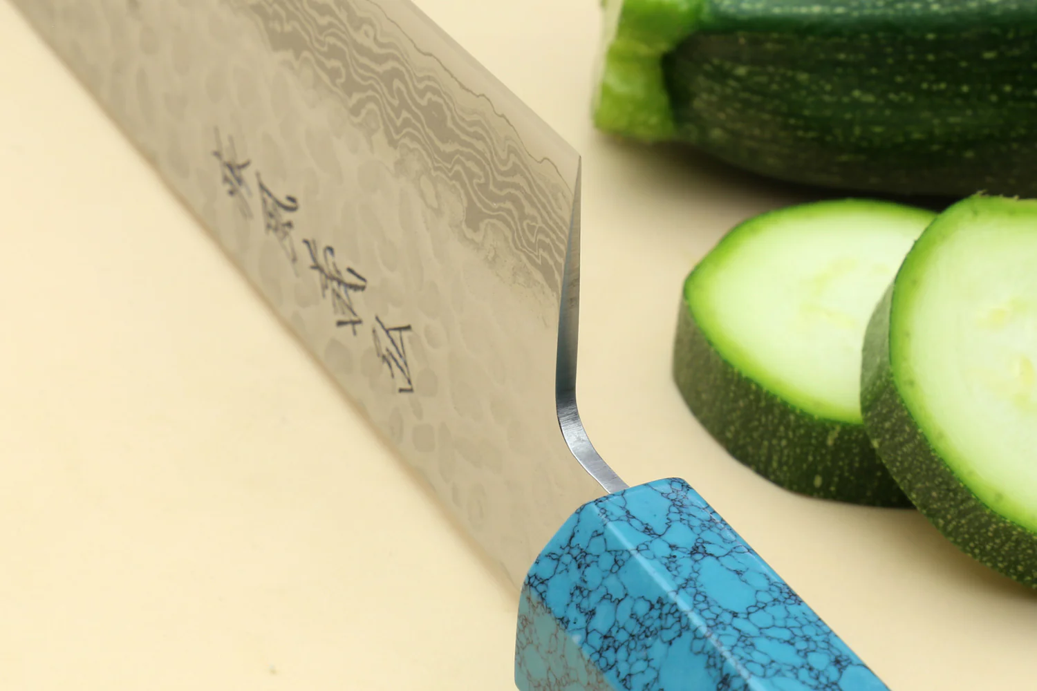 Yoshihiro VG-10 46 Layers Hammered Damascus Gyuto Japanese Chefs Knife Octagonal Turquoise Blue Handle - Image 6