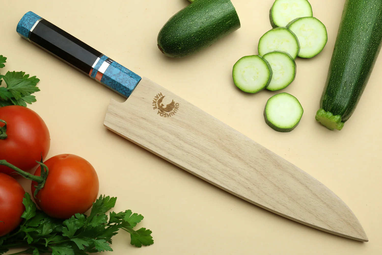 Yoshihiro VG-10 46 Layers Hammered Damascus Gyuto Japanese Chefs Knife Octagonal Turquoise Blue Handle - Image 9